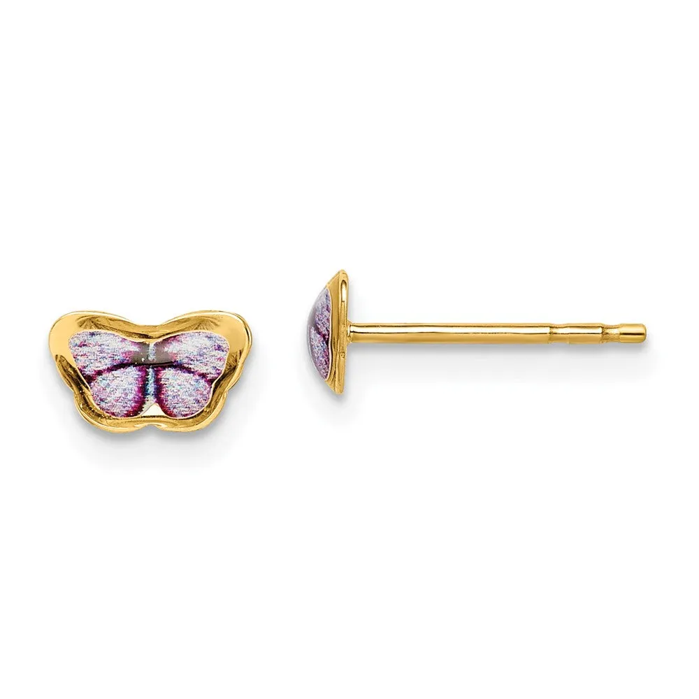 14K Yellow Gold Children's Enamel Butterfly Post Earrings