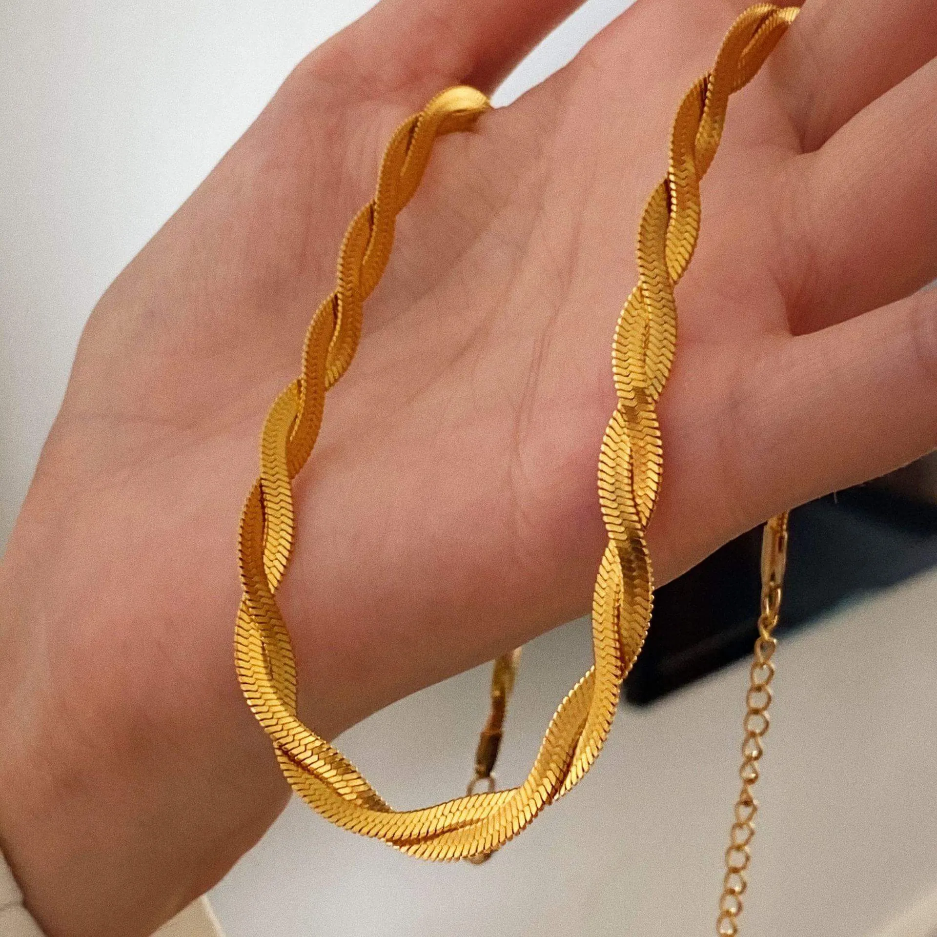 18K Gold Plated Twists Knitted Double Layer Snake Bone Chain Necklace