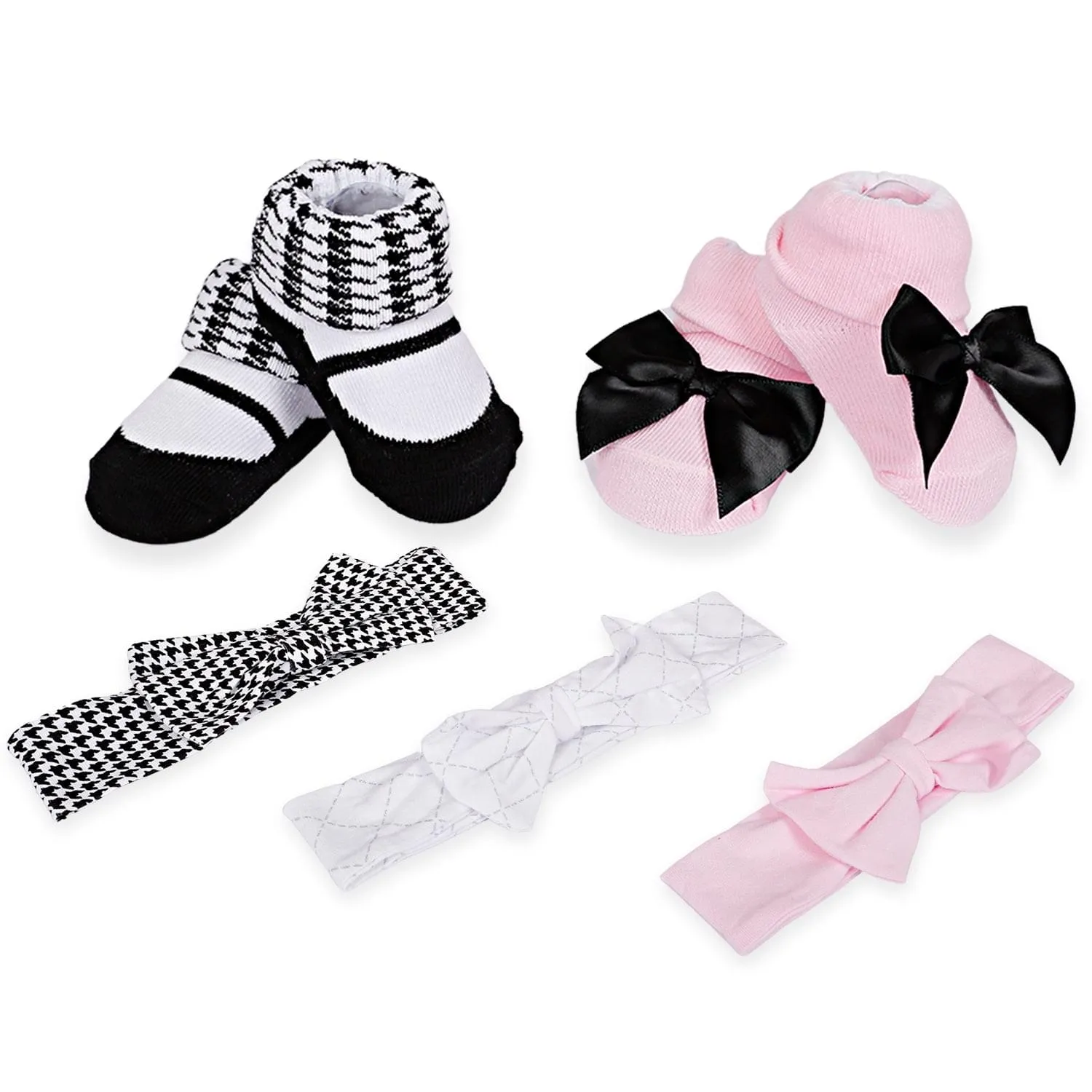 3 Headbands And 2 Pair Socks Gift Set Houndstooth Pink White