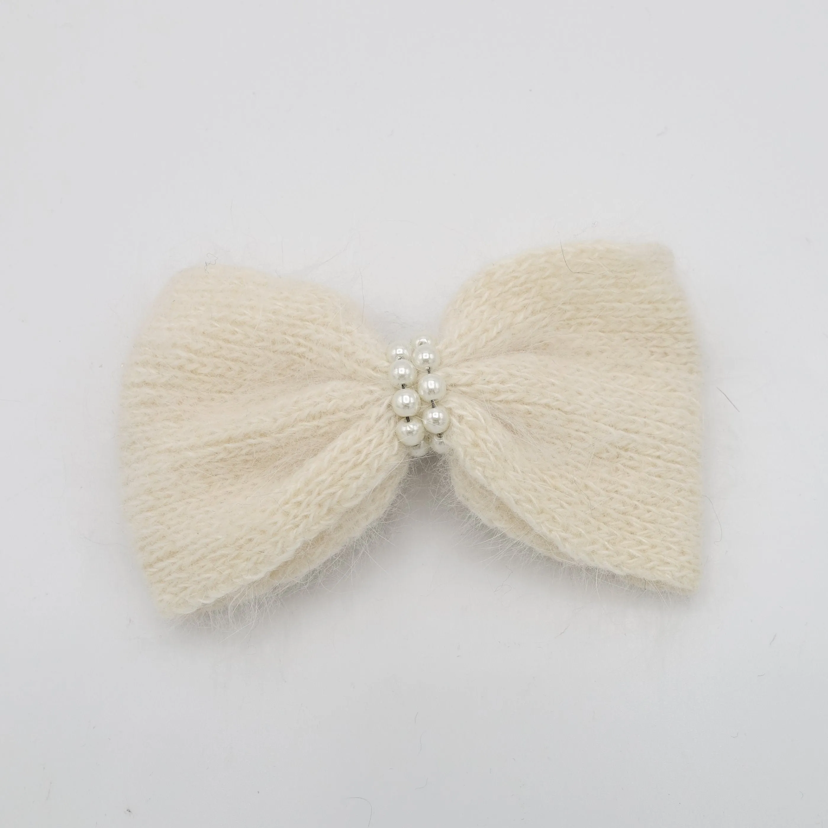 angora hair bow pearl embellished Fall Winter women hair barrette