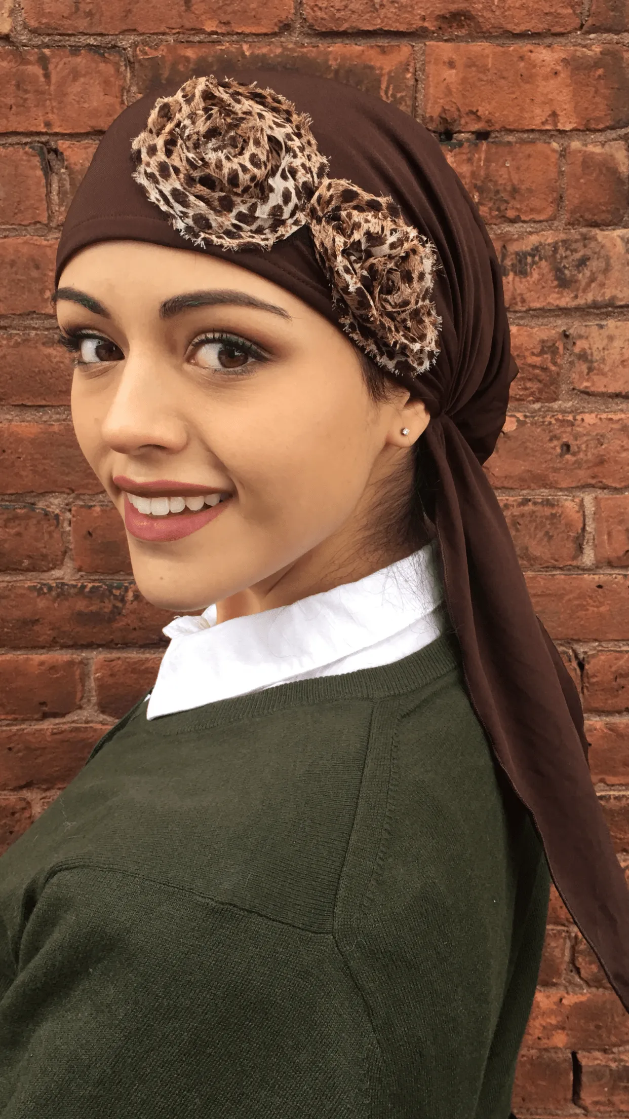 Bandana With Floral Design For Volume | Hat To Conceal Hair Brown Knit Floral Embellished Pre-Tied Head Scarf