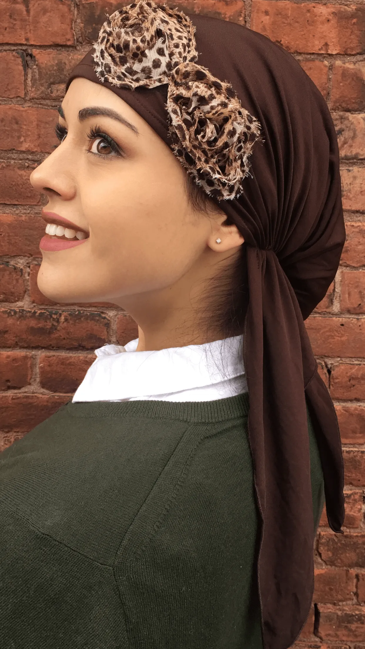 Bandana With Floral Design For Volume | Hat To Conceal Hair Brown Knit Floral Embellished Pre-Tied Head Scarf