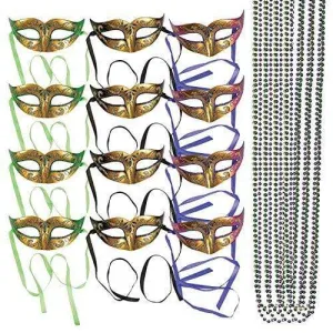 Gold Masquerade Ball Masks (12 ct) and Colored Bead Necklace Assortment (12 ct) - Party Favors for Masquerades and Mardi Gras