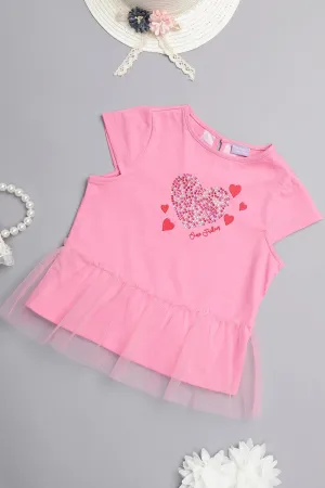 One Friday Girls Pink Sequinned Heart Cotton Top