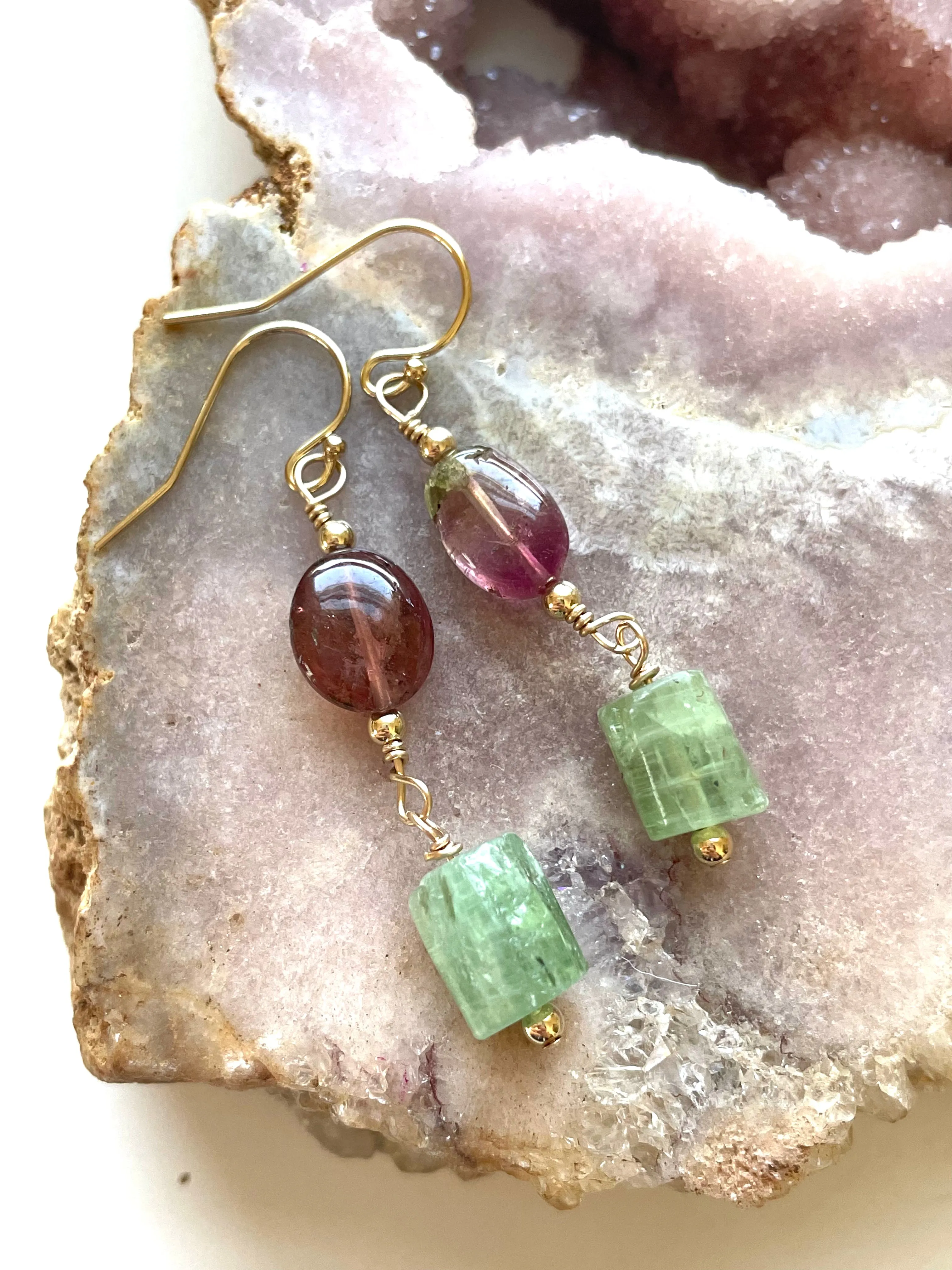 Pink Tourmaline and Green Kyanite Crystal Earrings on Gold Filled