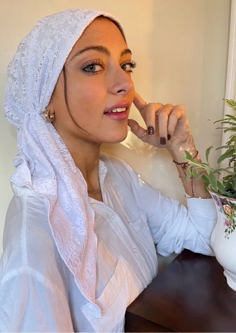 Pretty White Lace Tichel Head Scarf For Sabbath & Holidays Pre Tied Hair Wrap. Made in USA