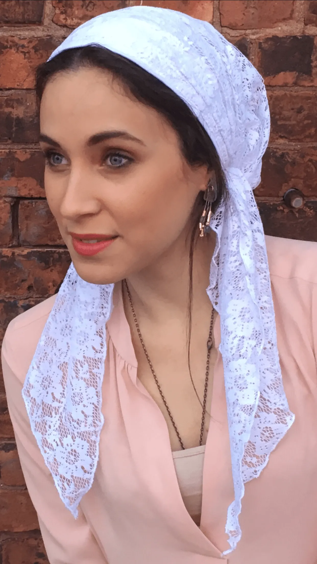 Pretty White Lace Tichel Head Scarf For Sabbath & Holidays Pre Tied Hair Wrap. Made in USA