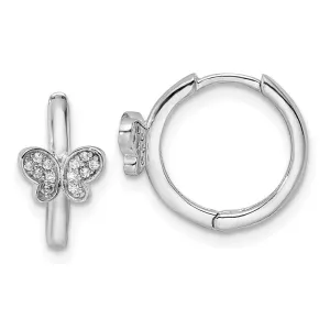 Rhodium-plated Sterling Silver Polished CZ Hinged Hoop Butterfly Earrings