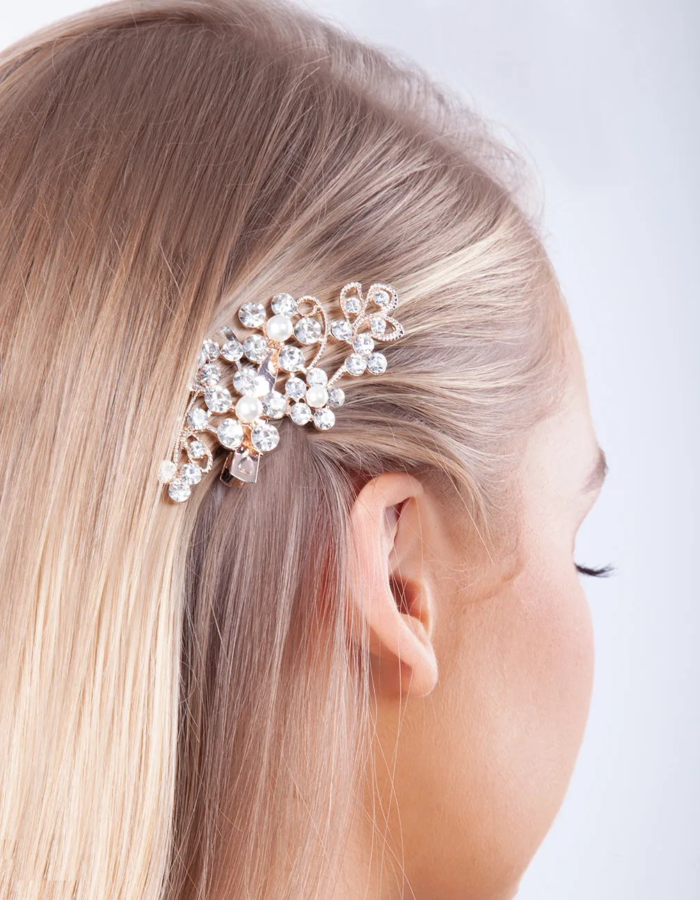 Rose Gold Floral Crystal Pearl Hair Clip