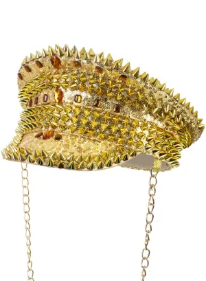 Spiked Gold Sequin Festival Hat with Hanging Chain