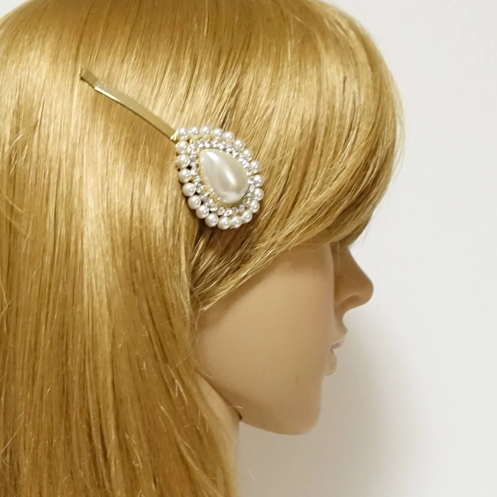 water drop shape pearl rhinestone decorated hair clip for women